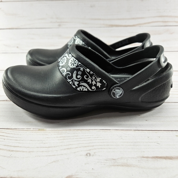 Crocs Mercy Slip Resistant‎ Work Clogs Womens Size 5 Black Silver Floral 10876 - Picture 6 of 12
